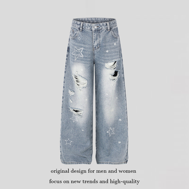 Damen Weite Distressed Palazzo-Jeans mit Stern-Stickerei Nord Taschen
