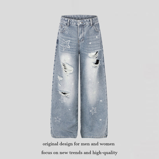 Damen Weite Distressed Palazzo-Jeans mit Stern-Stickerei Nord Taschen
