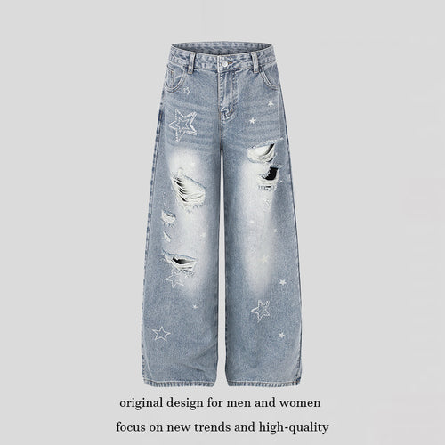 Damen Weite Distressed Palazzo-Jeans mit Stern-Stickerei Nord Taschen