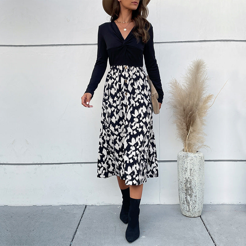 Damen Elegantes Wickelkleid mit langem Arm und floralem Rock Nord Taschen