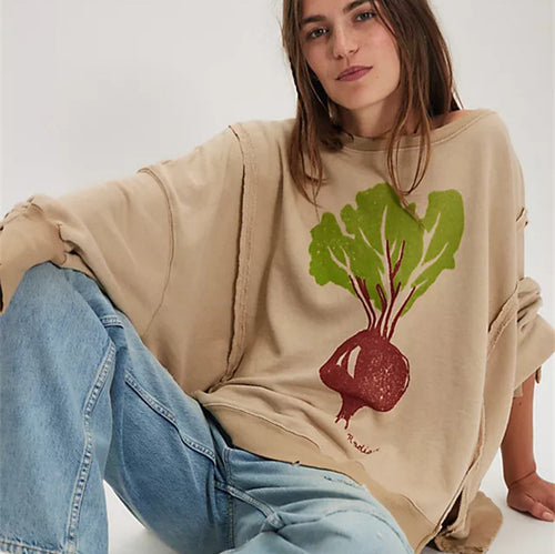 Damen oversized Sweatshirt mit Rüben-Print, ausgefransten Nahtakzenten und Daumenlochärmeln Nord Taschen