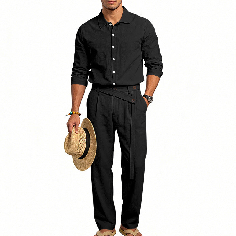 Herren nan eleganter Leinen-Zweiteiler mit Hemd und Hose mit hohem Bund und Bindegürtel
