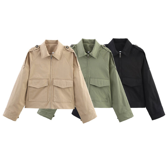 Damen Kurzjacke im Utility-Stil mit Reißverschluss, aufgesetzten Pattentaschen und Schulterklappen Nord Taschen