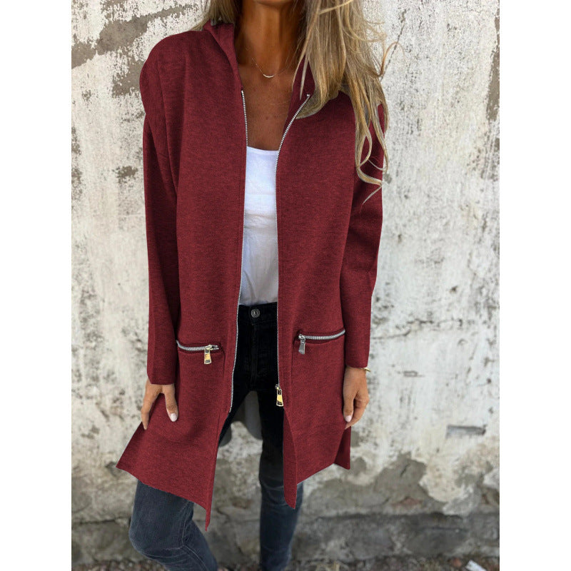 Damen Kapuzen-Longcardigan mit durchgehendem Reißverschluss und Ziertaschen Nord Taschen