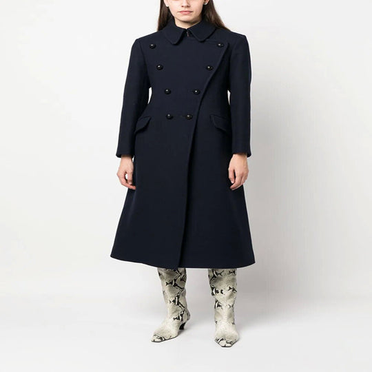Damen Doppelreihiger A-Linien Wollmix-Mantel mit Rundkragen und Pattentaschen Nord Taschen