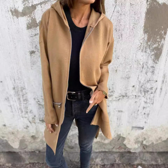 Damen Kapuzen-Longcardigan mit durchgehendem Reißverschluss und Ziertaschen Nord Taschen