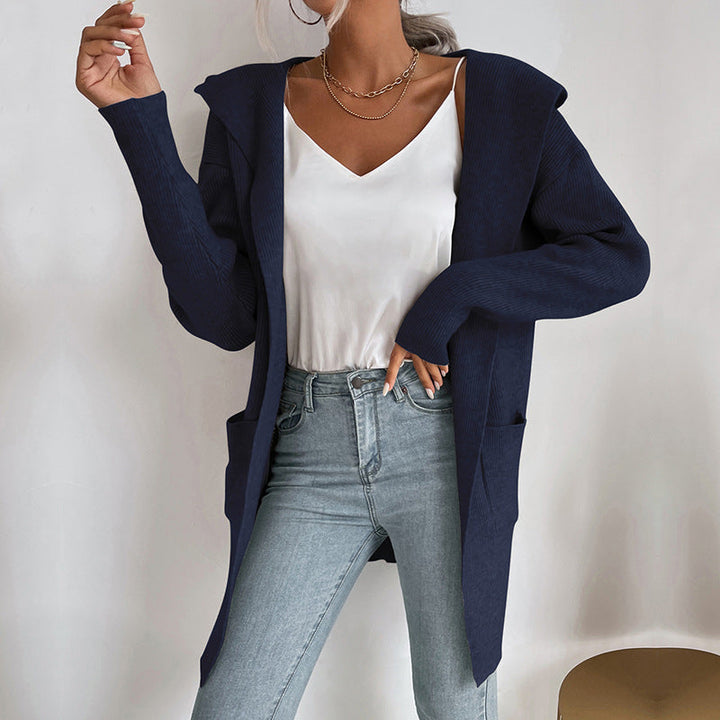 Damen Langärmlige Strickjacke mit Kapuze und seitlichen Taschen