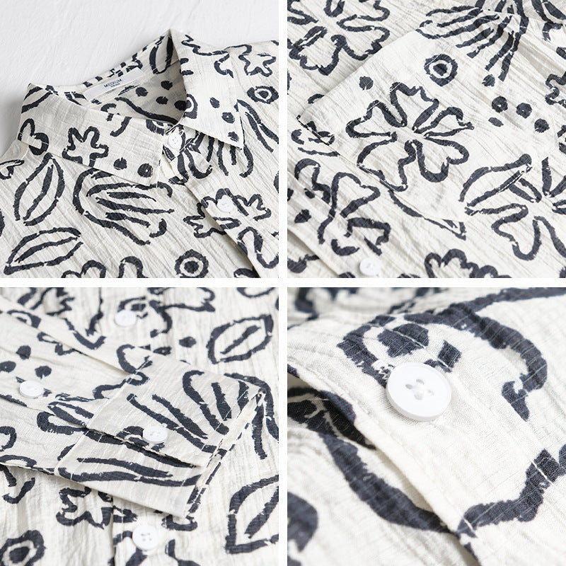Herren Lockeres Crinkle-Hemd mit handgezeichnetem Blumenprint und Brusttasche Nord Taschen