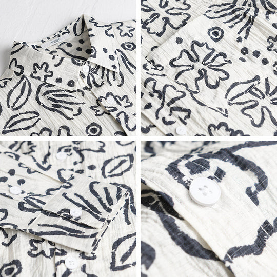 Herren Lockeres Crinkle-Hemd mit handgezeichnetem Blumenprint und Brusttasche Nord Taschen