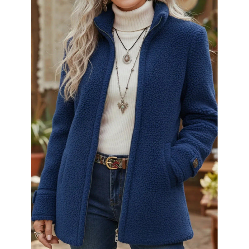 Damen Kuscheliger Teddy-Cardigan-Mantel mit Stehkragen, verdecktem Reißverschluss und Zierknopfmanschetten Nord Taschen
