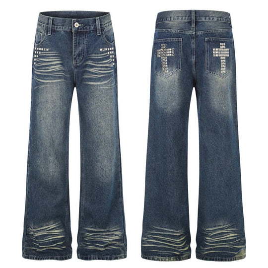 Damen Weite High‑Waist Distressed-Jeans im Palazzo-Stil mit Nietenbesatz Nord Taschen