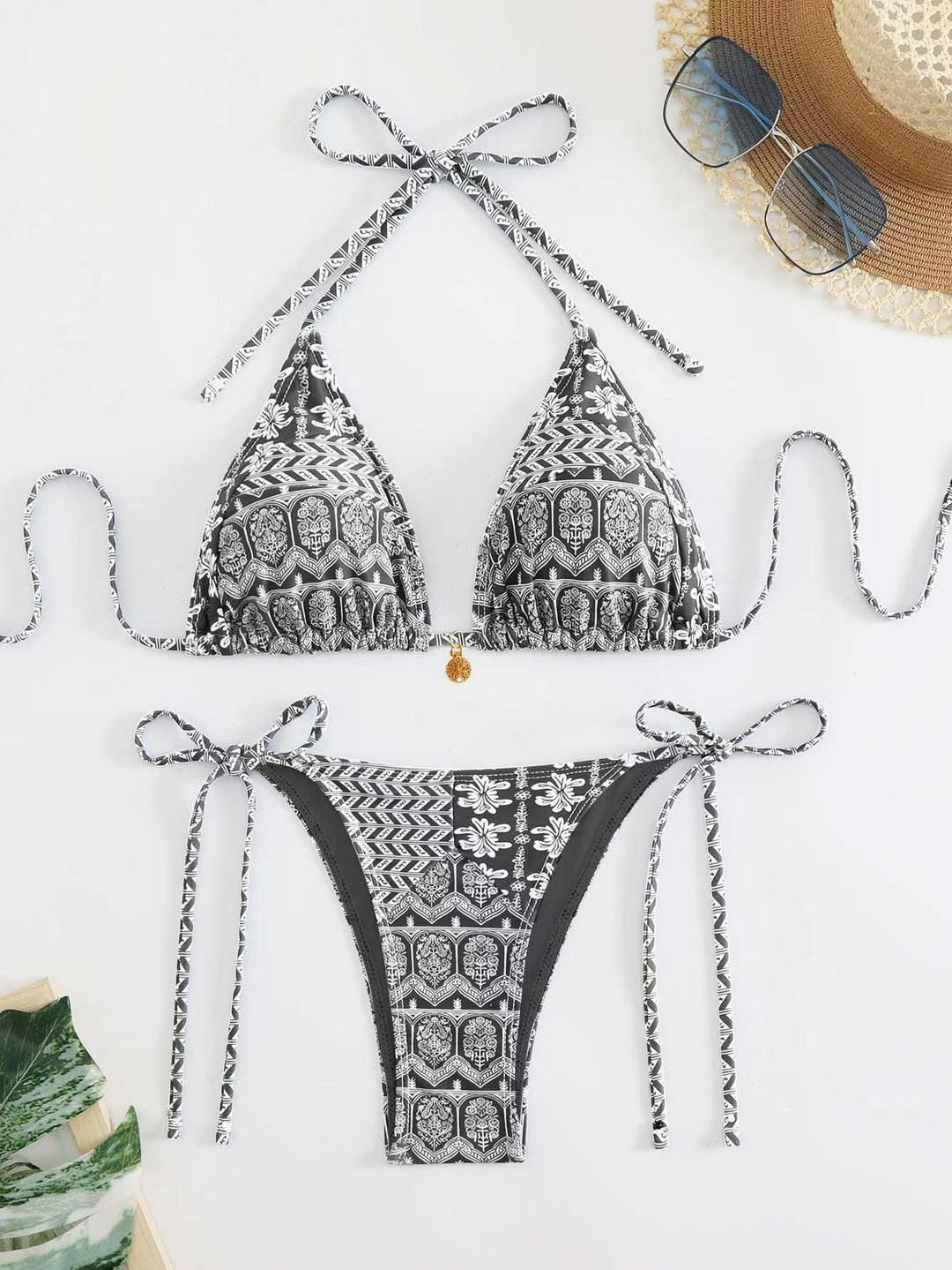 Damen Triangel-Bikini mit liNord Taschenevollem Blumenmuster und verstellbaren Trägern