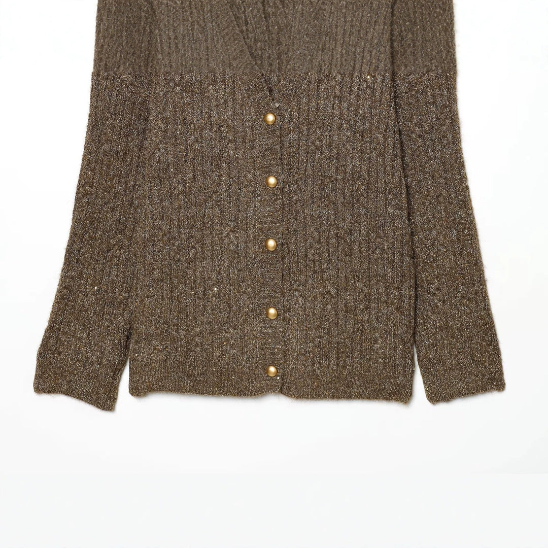 Damen Grobgestrickter Rippencardigan mit goldfarbenen Knöpfen und V-Ausschnitt Nord Taschen