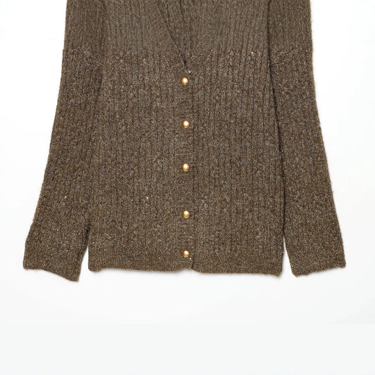Damen Grobgestrickter Rippencardigan mit goldfarbenen Knöpfen und V-Ausschnitt Nord Taschen