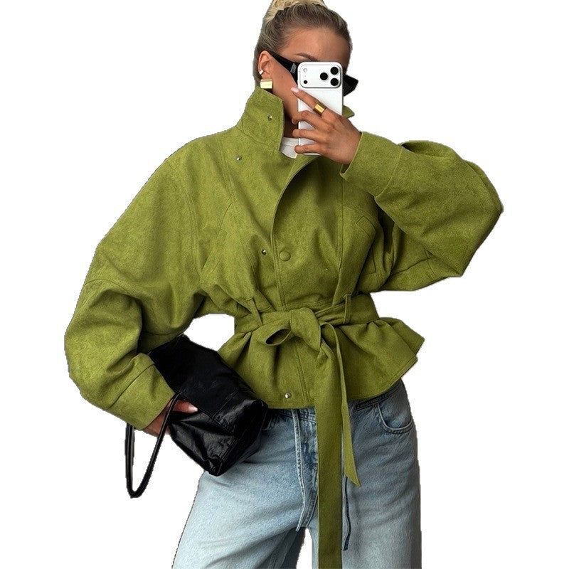 Damen Taillierte Kurzjacke in Velourslederoptik mit weitem Ärmel und Bindegürtel Nord Taschen