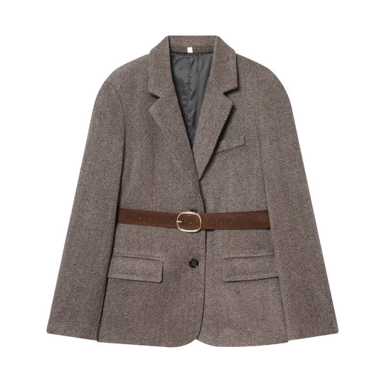Damen Taillierter Herringbone-Blazer‑Mantel mit Bindegürtel Nord Taschen