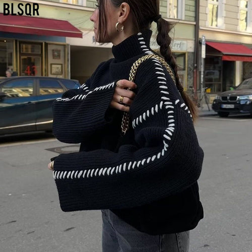Damen Oversized Cropped Strickpullover mit Kontraststich und Raglanärmeln Nord Taschen