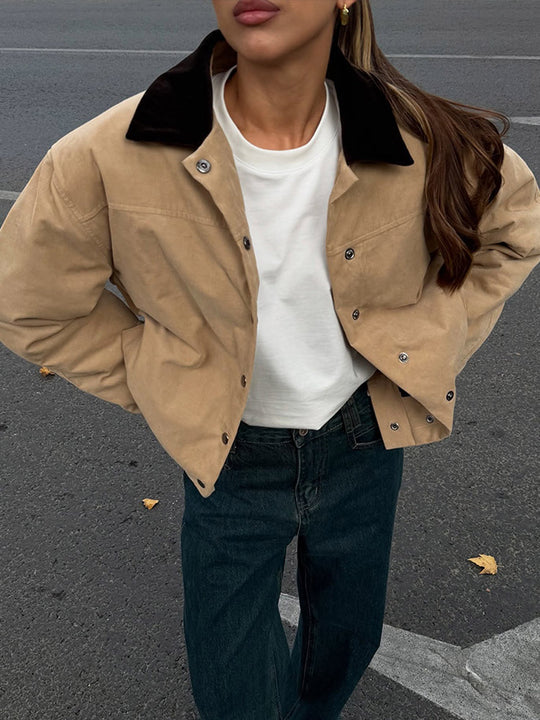 Damen Kurzer Cord-Workwear-Blouson mit Kontrastkragen Nord Taschen