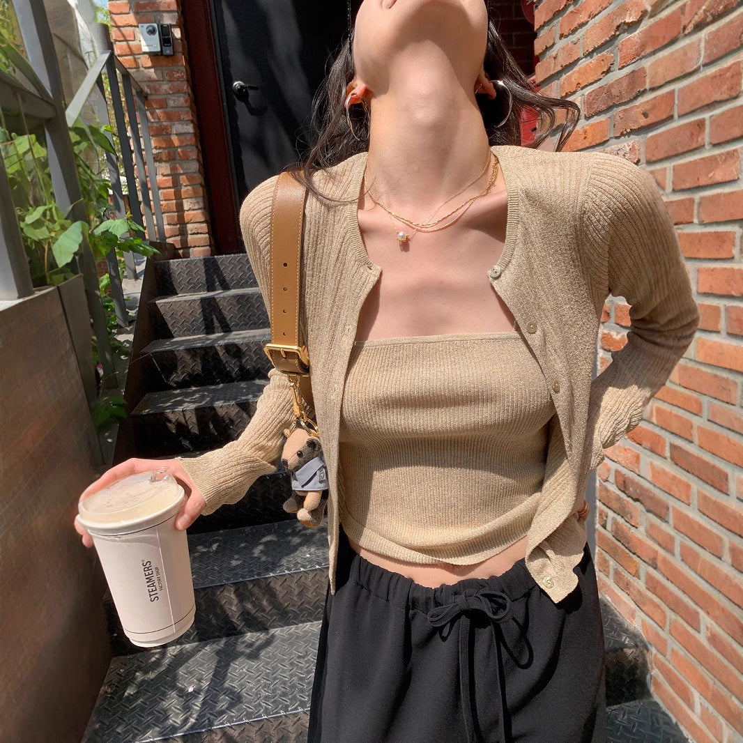 Damen Leichtes Ripp-Twinset aus Glanzgarn mit Spaghettitop und Knopfcardigan Nord Taschen