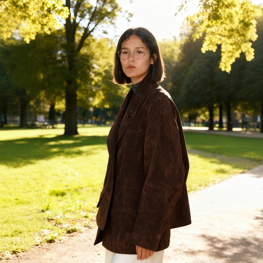 Damen Oversize Wildlederoptik-Blazerjacke mit Reverskragen und Pattentaschen Nord Taschen