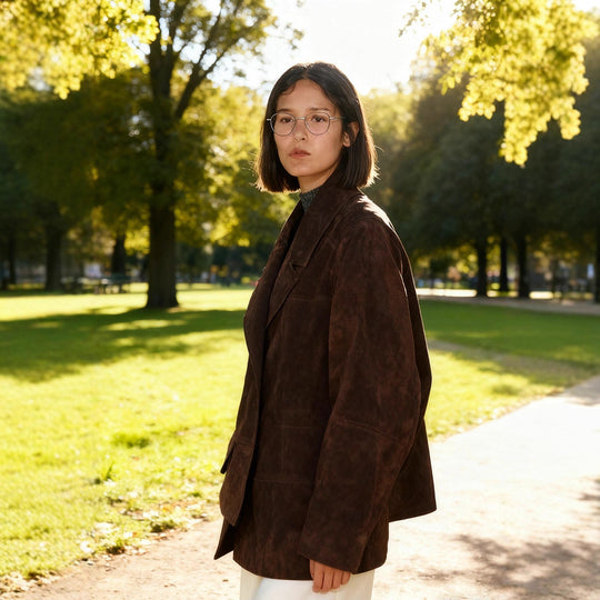 Damen Oversize Wildlederoptik-Blazerjacke mit Reverskragen und Pattentaschen Nord Taschen