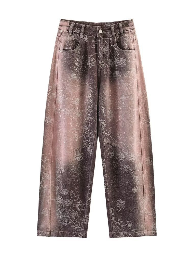 Damen Weite High‑Waist‑Jeans mit floralem Allover‑Print und Used‑Farbverlauf Nord Taschen