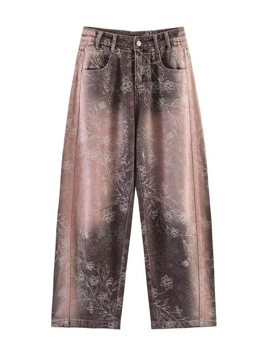 Damen Weite High‑Waist‑Jeans mit floralem Allover‑Print und Used‑Farbverlauf Nord Taschen
