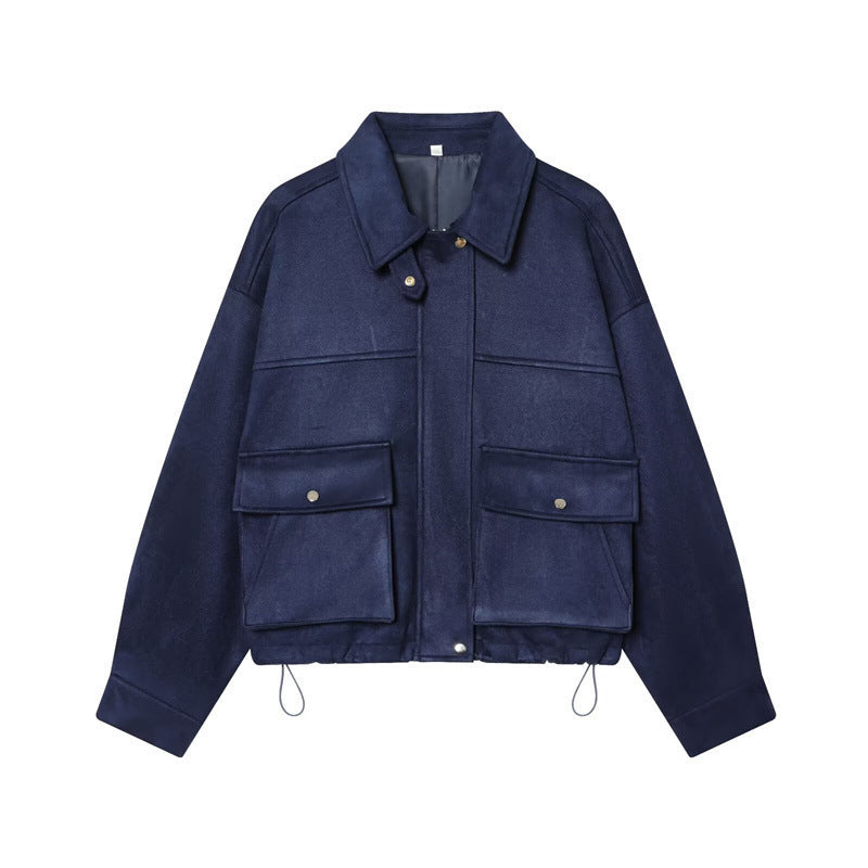 Damen Kurz geschnittene Boxy‑Veloursblousonjacke mit Pattentaschen und verdeckter Druckknopfleiste Nord Taschen