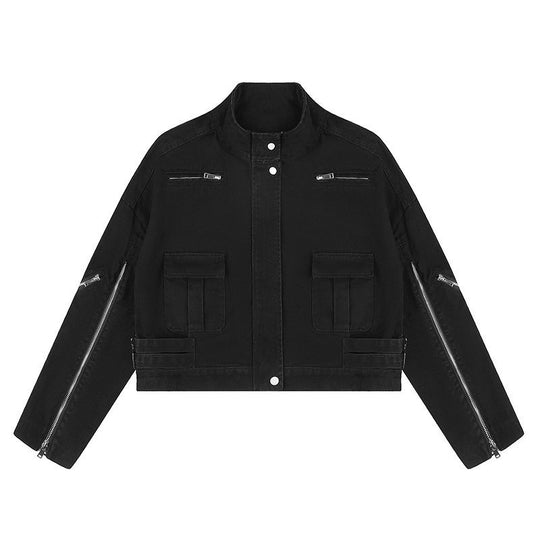 Damen Cropped Utility-Jacke mit Stehkragen, Mehrfachtaschen und Reißverschlussärmeln Nord Taschen