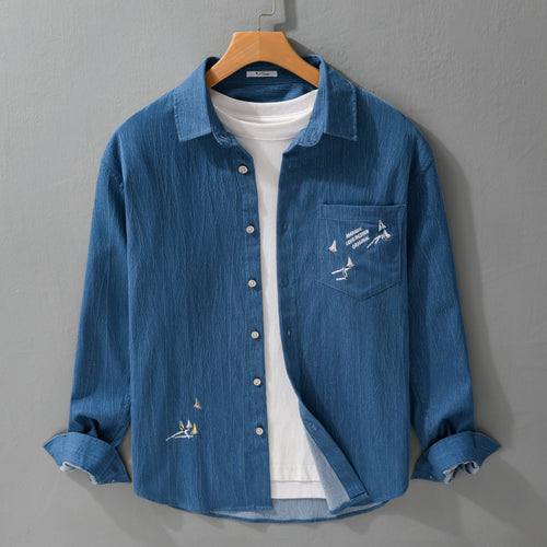 Herren Texturiertes Chambray-Overshirt mit maritimer Stickerei und Brusttasche Nord Taschen