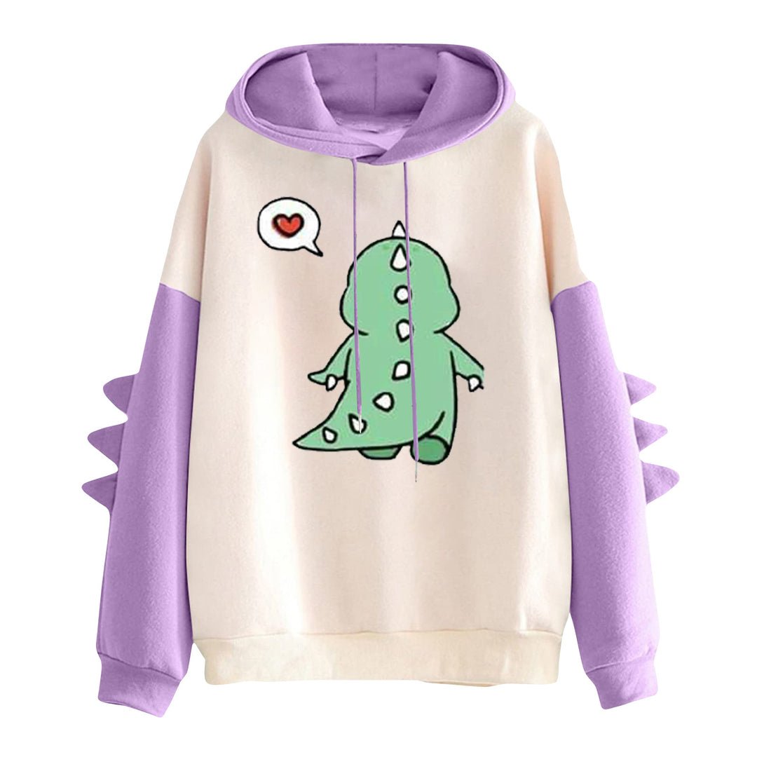 Damen nan Kapuzenpullover mit niedlichem Dino-Print, kontrastkapuze und dekorativen Stoffstacheln Nord Taschen