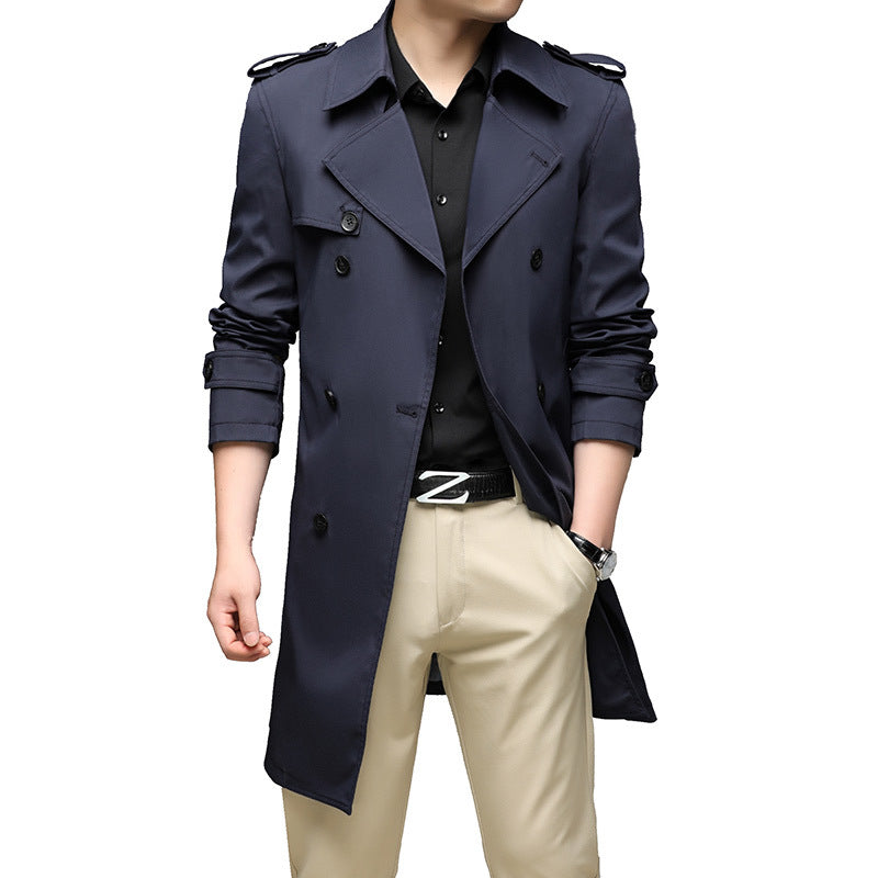 Herren Langer Slim-Fit Doppelreihiger Trenchcoat mit Epauletten und Taillengürtel Nord Taschen