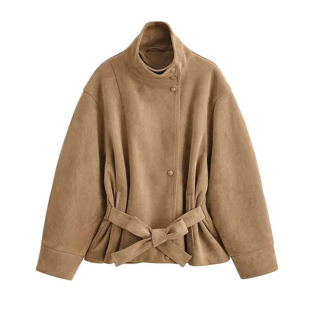 Damen Kurzjacke in Wildleder-Optik mit Stehkragen und Bindegürtel Nord Taschen
