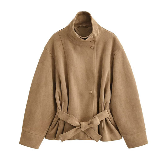 Damen Kurzjacke in Wildleder-Optik mit Stehkragen und Bindegürtel Nord Taschen