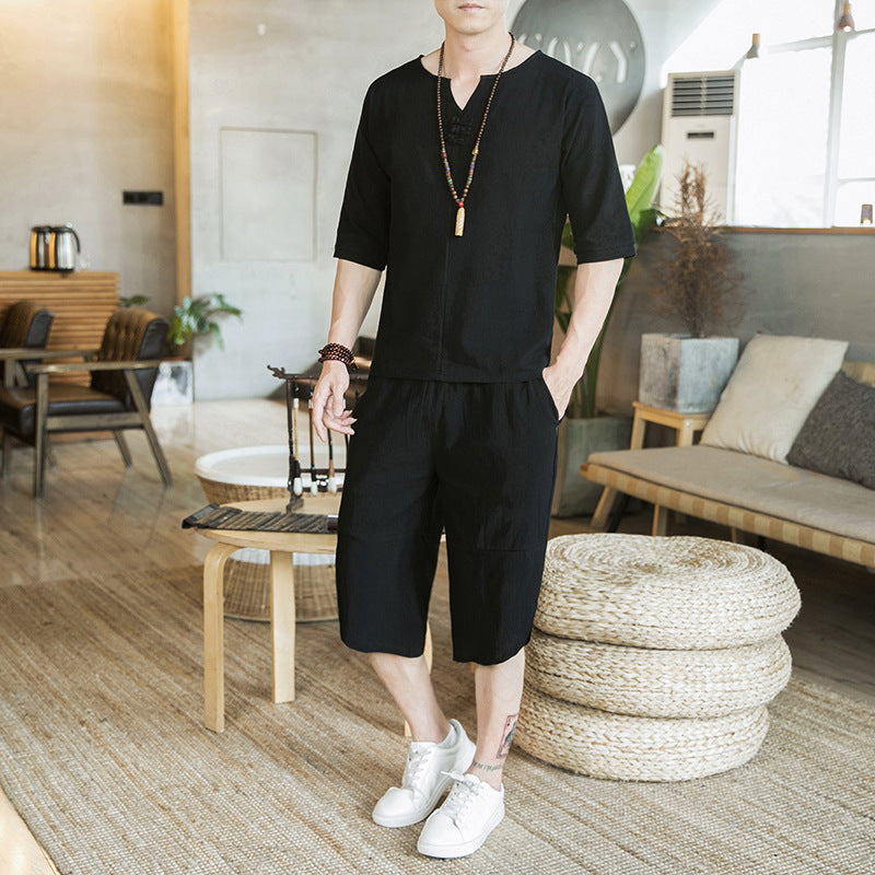 Herren Leichtes Leinen-Relax-Set mit dreiviertelärmeliger Tunika und verkürzter Culotte-Hose Nord Taschen