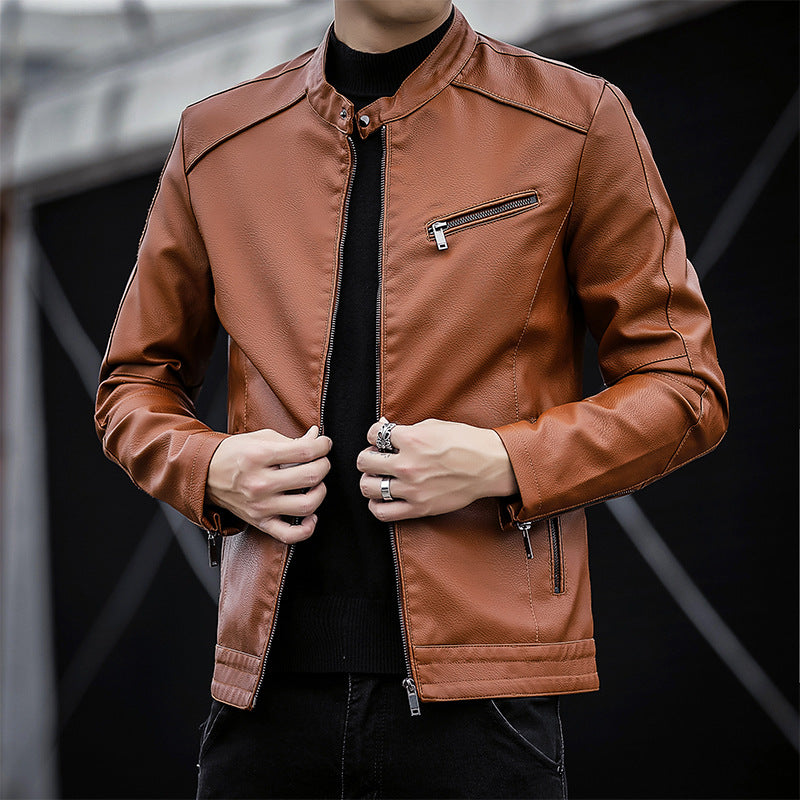 Herren Slim-Fit Kunstleder-Motojacke mit Stehkragen und Reißverschlussdetails Nord Taschen