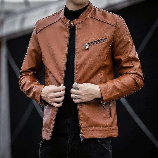 Herren Slim-Fit Kunstleder-Motojacke mit Stehkragen und Reißverschlussdetails Nord Taschen