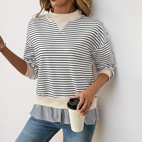 Damen Gestreiftes Layering-Sweatshirt mit Chiffon‑Einsatz und kontrastierendem Stehkragen Nord Taschen