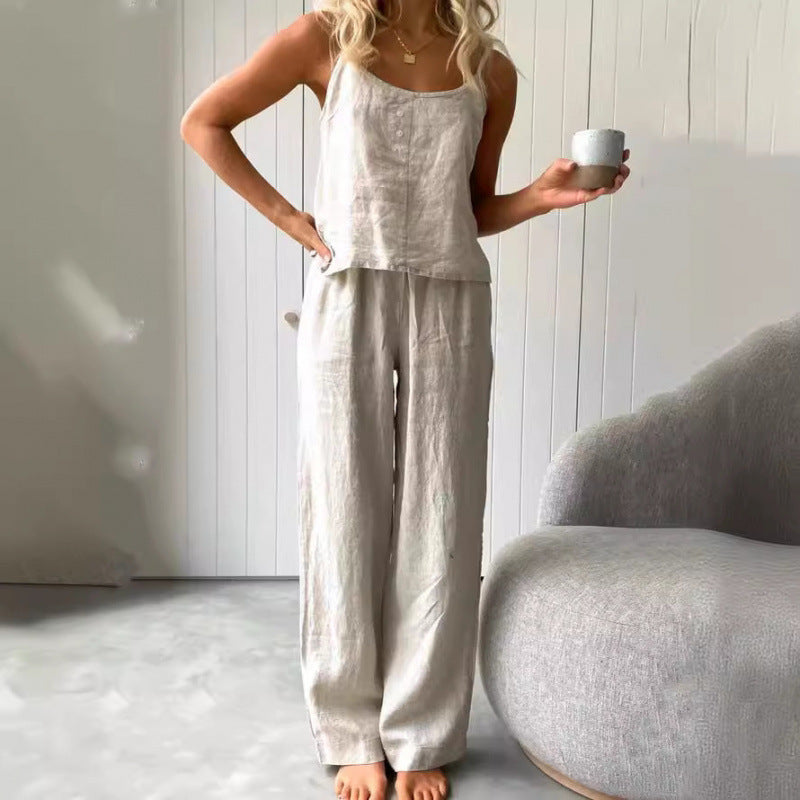 Damen lässiges Leinen-Set mit trägerloser Bluse und weiten Hosen