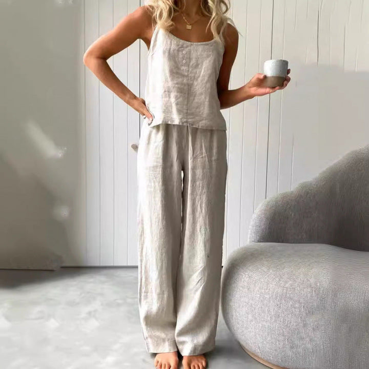 Damen lässiges Leinen-Set mit trägerloser Bluse und weiten Hosen