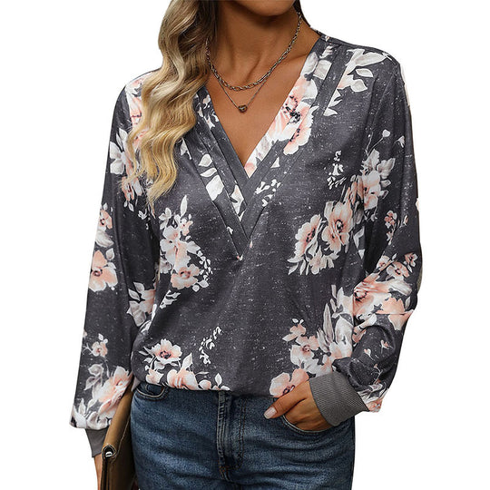 Damen Lässiges V‑Neck Sweatshirt mit floraler Aquarell-Print und gerippten Bündchen Nord Taschen