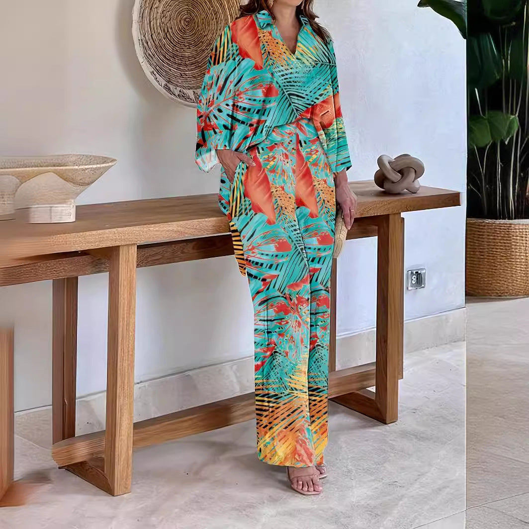 Damen Gemustertes Kimono-Lounge-Set mit weitem Palazzohose aus leichtem Viskose-Mix Nord Taschen