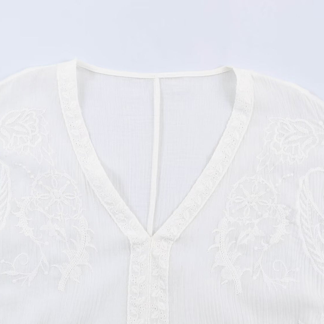 Damen Besticktes Kaftan-Top mit V-Ausschnitt und weiten Fledermausärmeln Nord Taschen