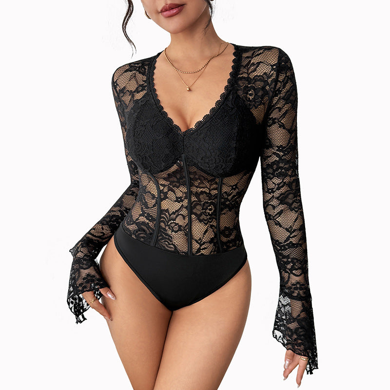 Damen Taillierter Spitzen-Corset-Body mit V-Ausschnitt, langen Trompetenärmeln und formenden Bügeln Nord Taschen