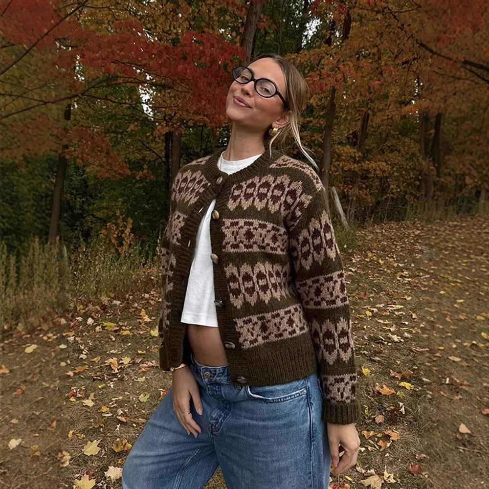 Damen Norwegermuster-Strickjacke mit Knopfleiste und geripptem Saum Nord Taschen