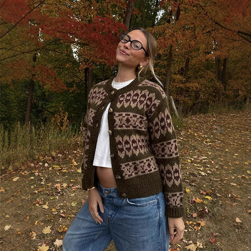 Damen Norwegermuster-Strickjacke mit Knopfleiste und geripptem Saum Nord Taschen