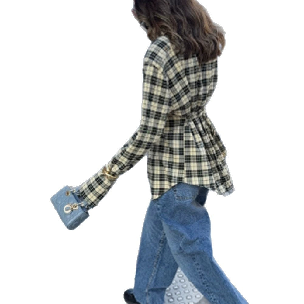 Damen Karo-Hemdjacke mit betonten Schultern und oversized Schnitt Nord Taschen