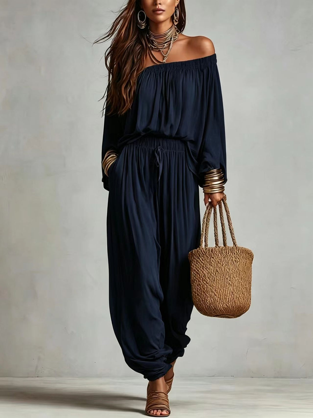 Damen Off-Shoulder Jumpsuit mit elastischem Taillenbund und weitem Plissee-Hosenbein Nord Taschen