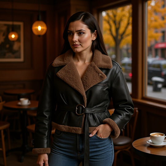 Damen Kurze Fliegerjacke aus Kunstleder mit Teddyfell-Kragen und Taillengürtel Nord Taschen