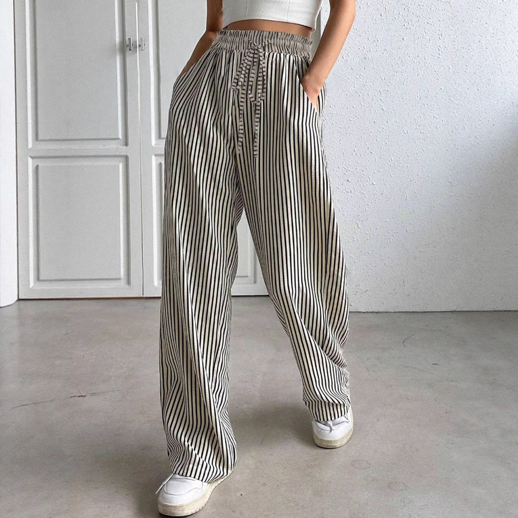 Damen Marlene-Streifenhose aus Leinenmix mit weitem Bein, Elastikbund und Kordelzug Nord Taschen